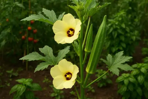 Fiori gialli e baccelli verdi di ocra verdura in un orto.